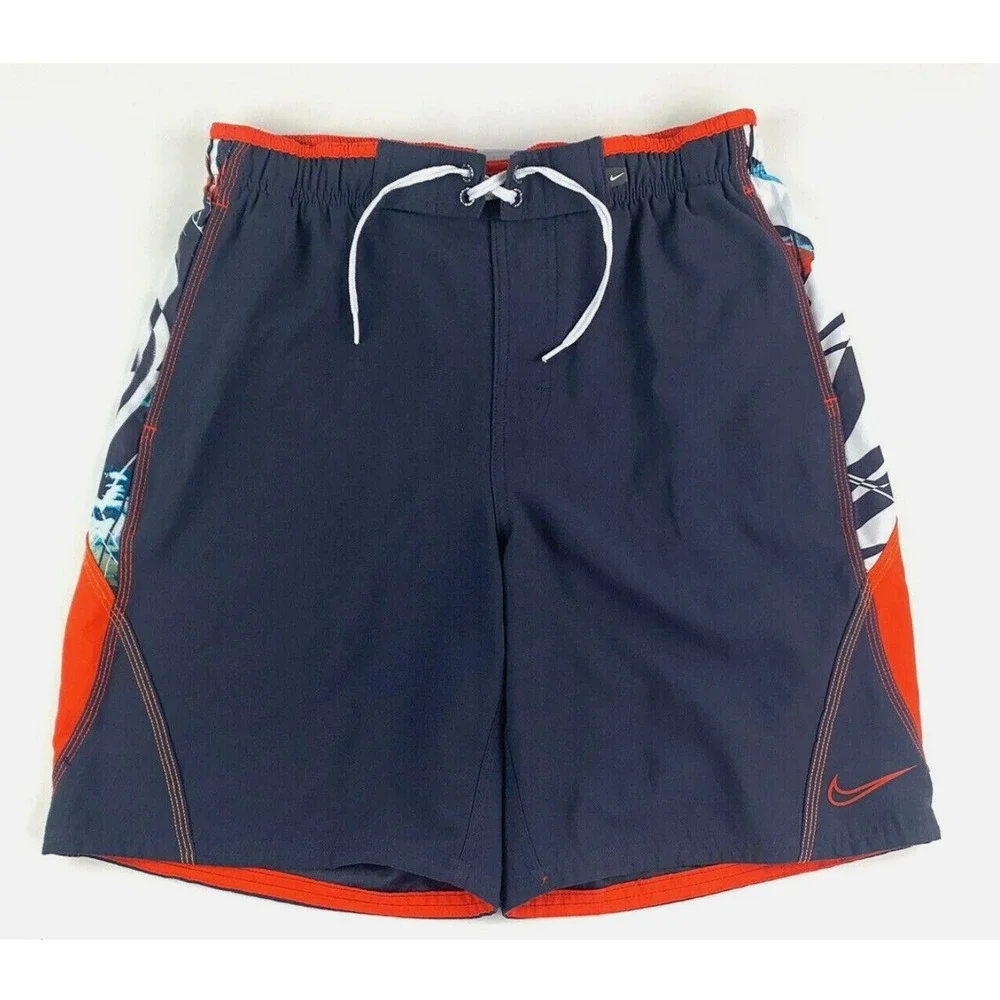 Nike Swim Trunks Men's L Gray Orange Floral‎ Mesh Lined Board Shorts